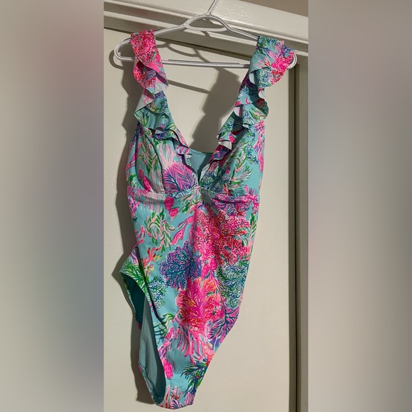 Lilly Pulitzer One-Piece Swimsuit Celestial Blue Huey Ruffle Size 16 - Picture 4 of 15